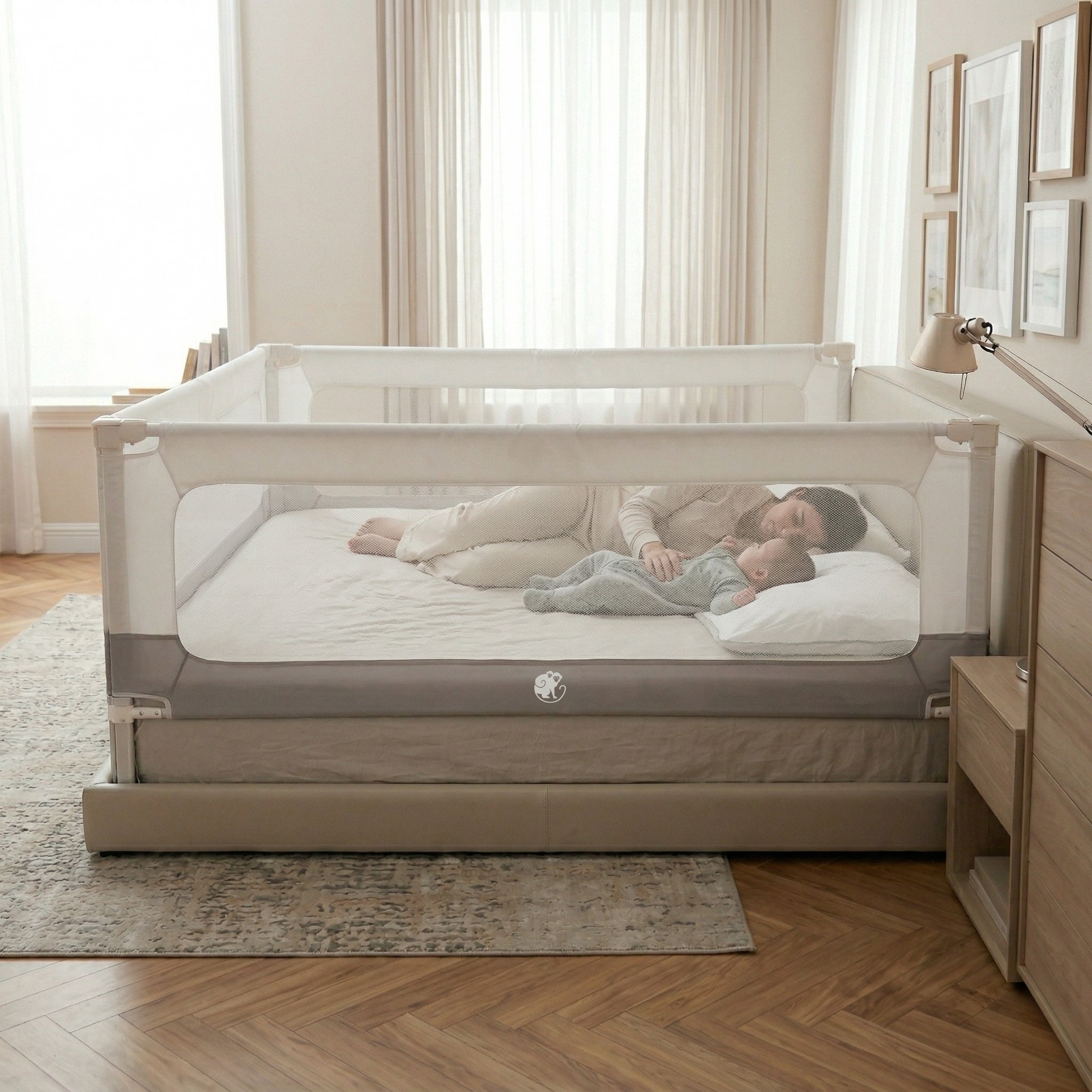 Posteljna ograja in ograjica Monkey Mum® 2v1 Smart - odprta