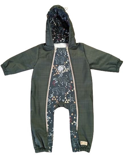 Monkey Mum® Otroški zimski softshell kombinezon s flisom - Khaki lovec z medvedom - vel.62/68, 74/80