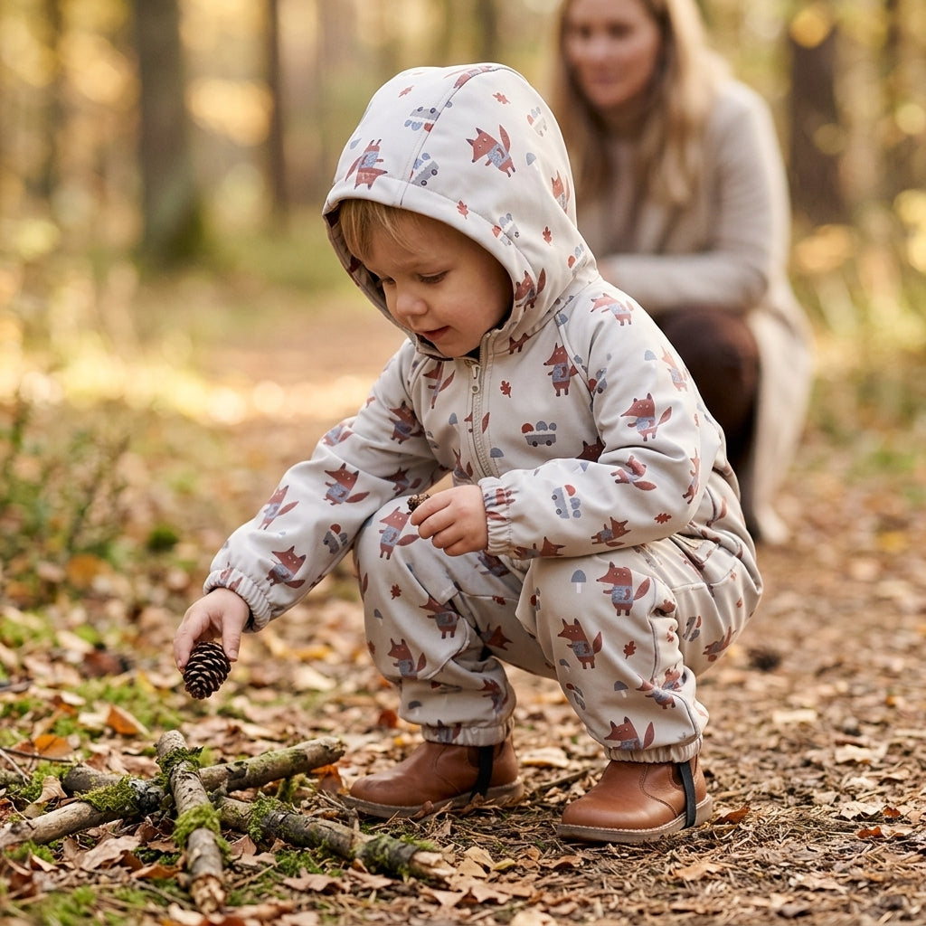Monkey Mum® Softshell kombinezon z membrano – Lisice na gobah - vel. 98/104, 110/116