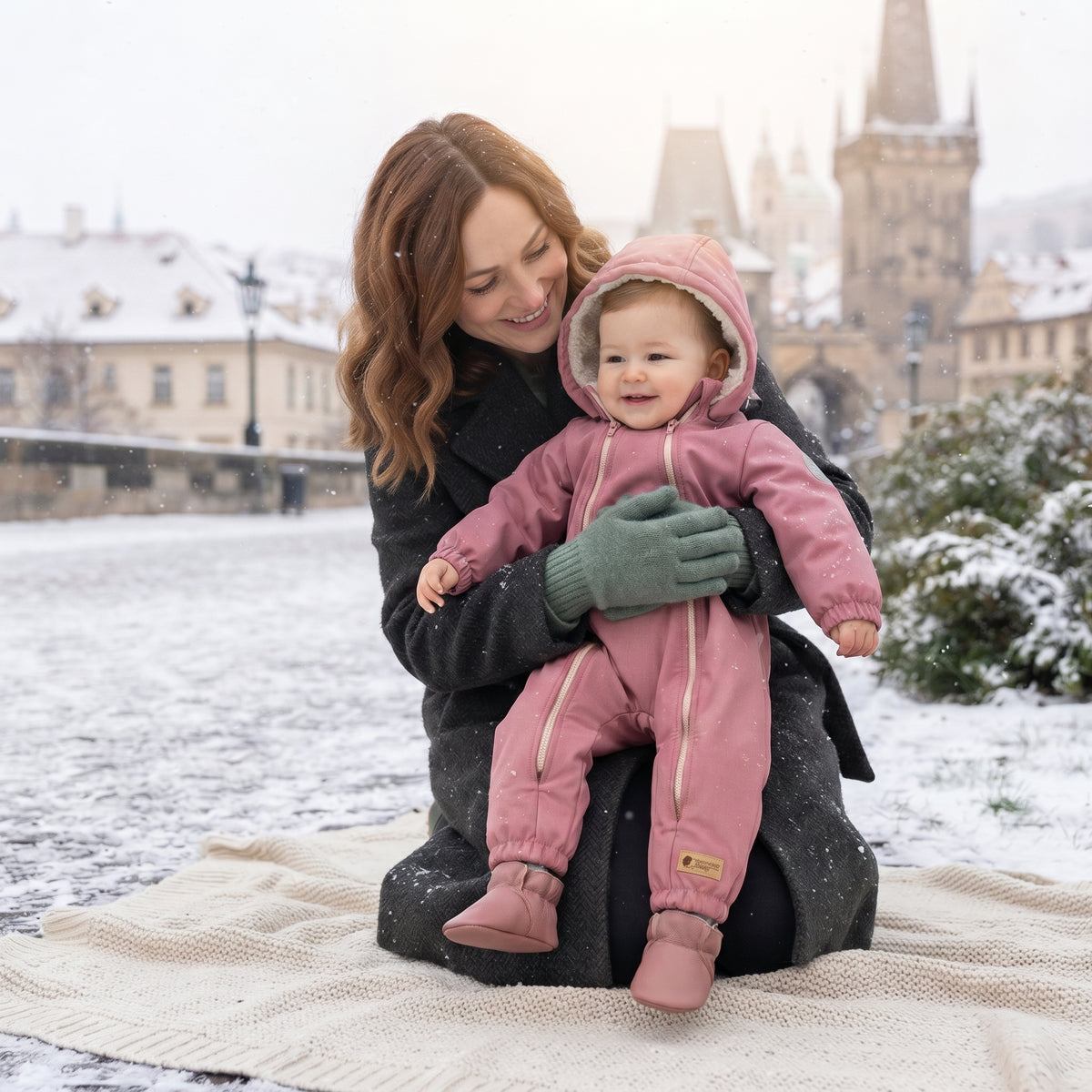 Monkey Mum® Otroški zimski softshell kombinezon s plišem - Roza ovčka - vel. 62/68, 74/80