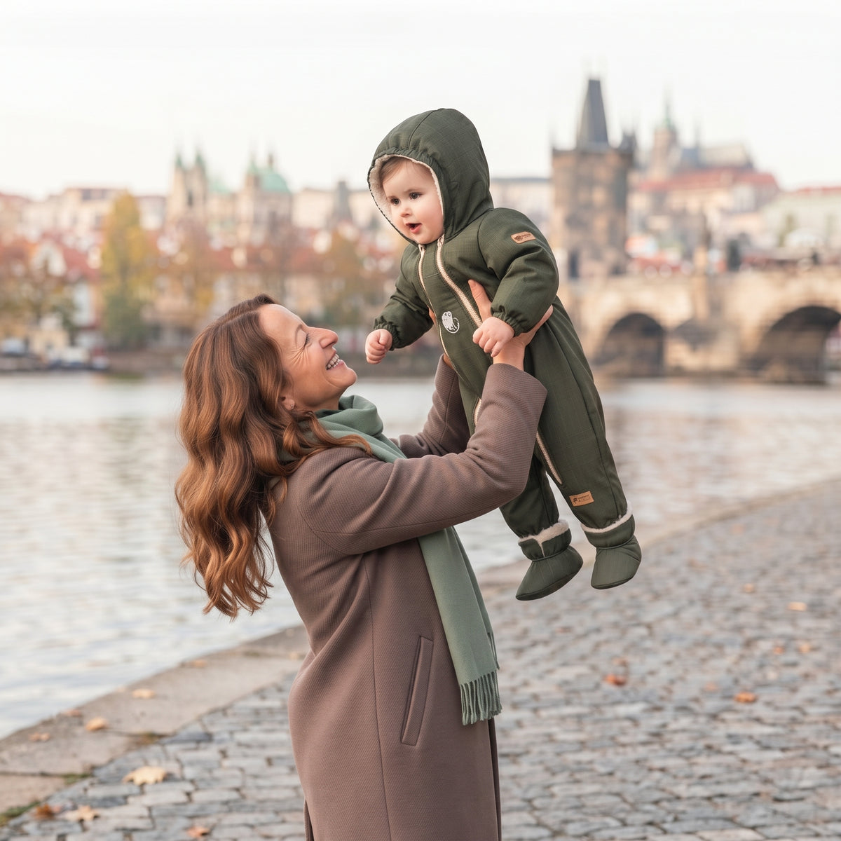 Monkey Mum® Otroški zimski softshell kombinezon s plišem - Kaki lovec - vel. 62/68, 74/80