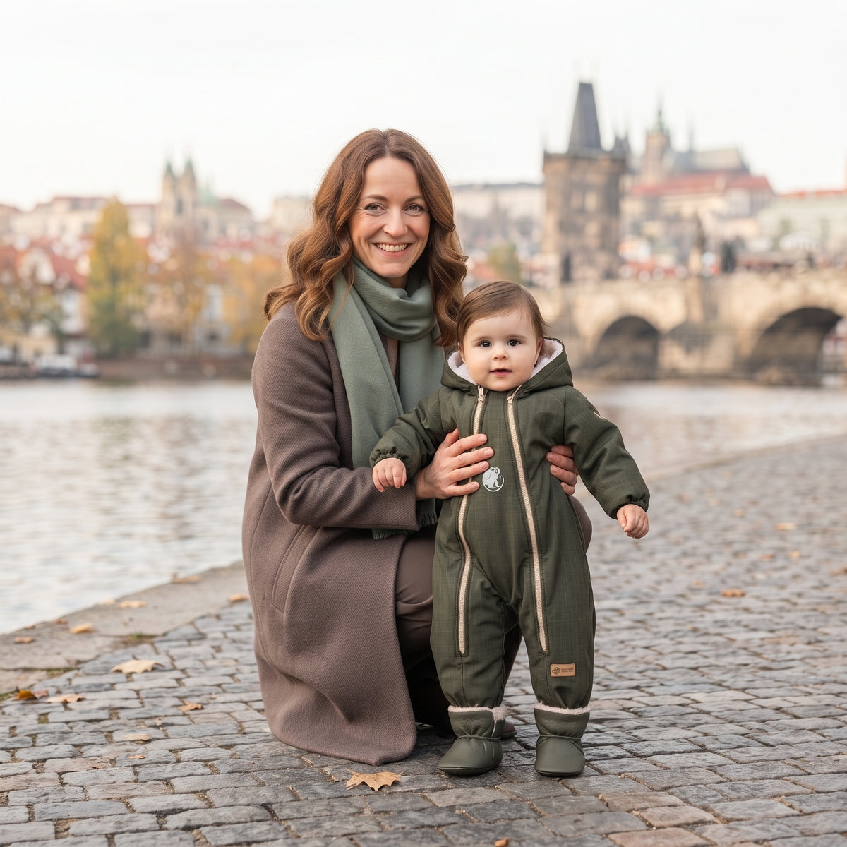 Monkey Mum® Otroški zimski softshell kombinezon s plišem - Kaki lovec - vel. 62/68, 74/80