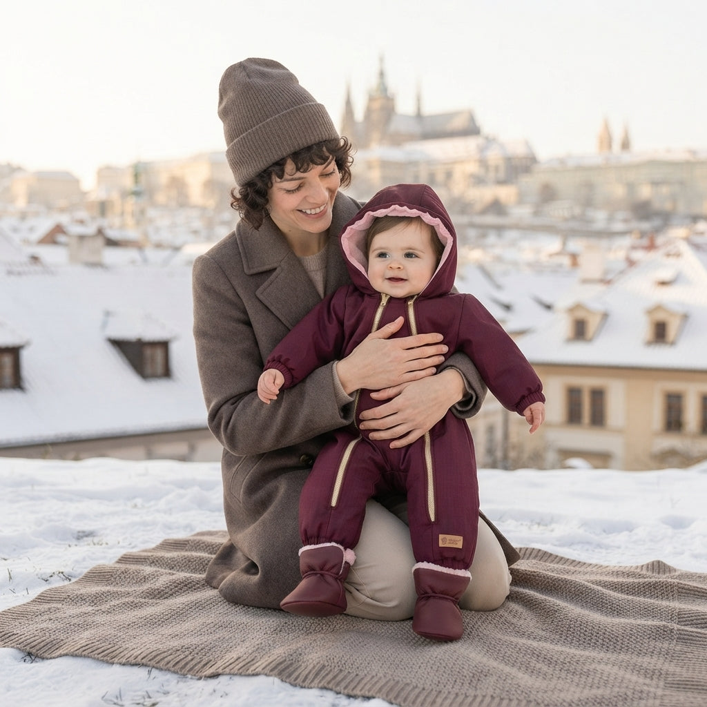 Monkey Mum® Otroški zimski softshell kombinezon s plišem - Vinsko rdeča Rdeča kapica - vel. 62/68, 74/80