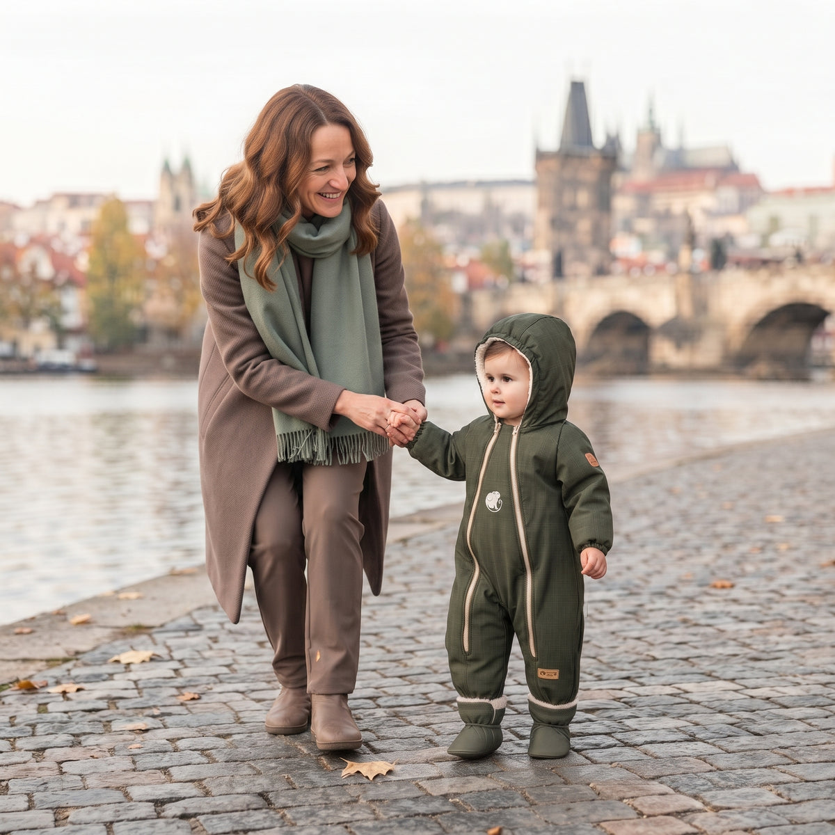Monkey Mum® Otroški zimski softshell kombinezon s plišem - Kaki lovec - vel. 62/68, 74/80