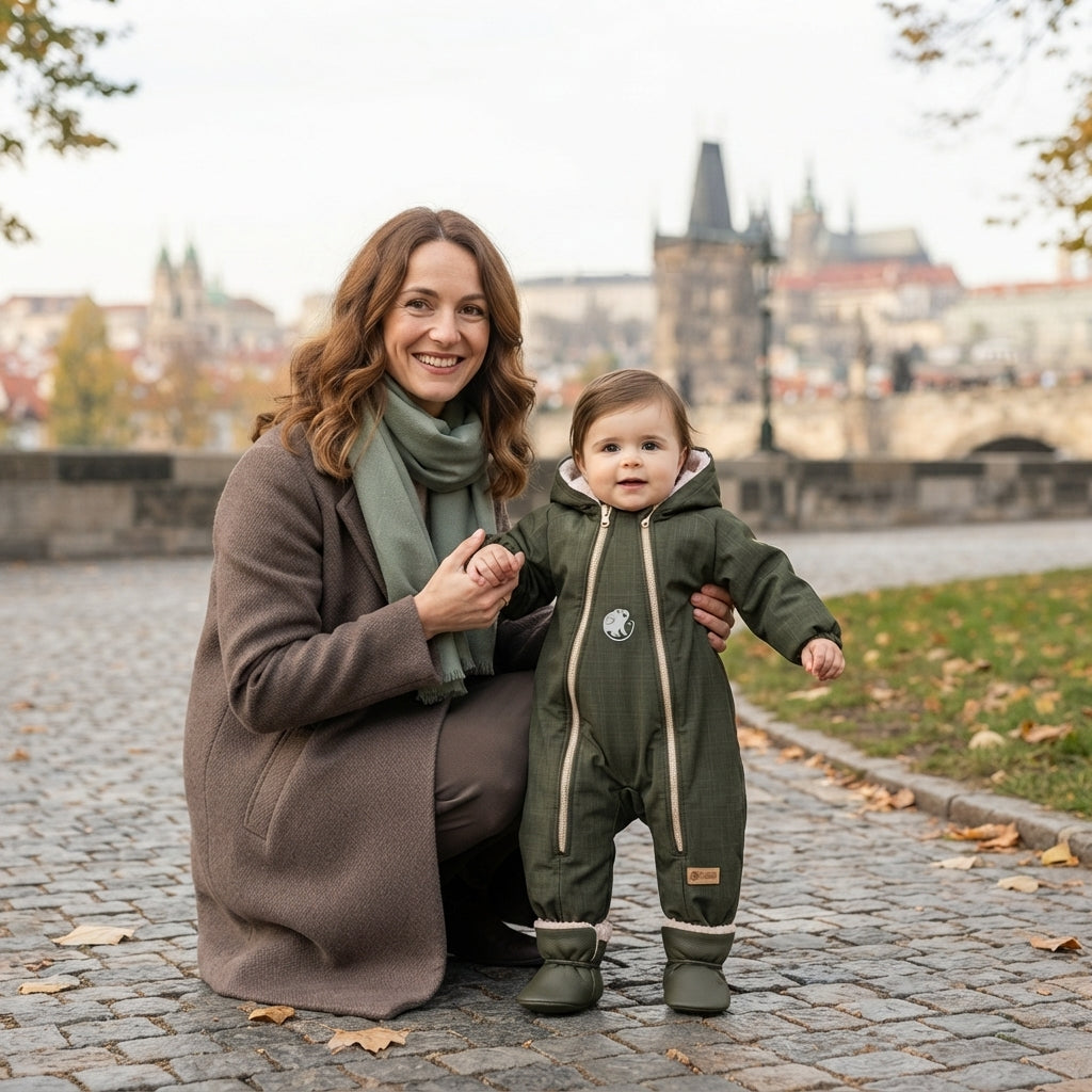 Monkey Mum® Otroški zimski softshell kombinezon s plišem - Kaki lovec - vel. 62/68, 74/80