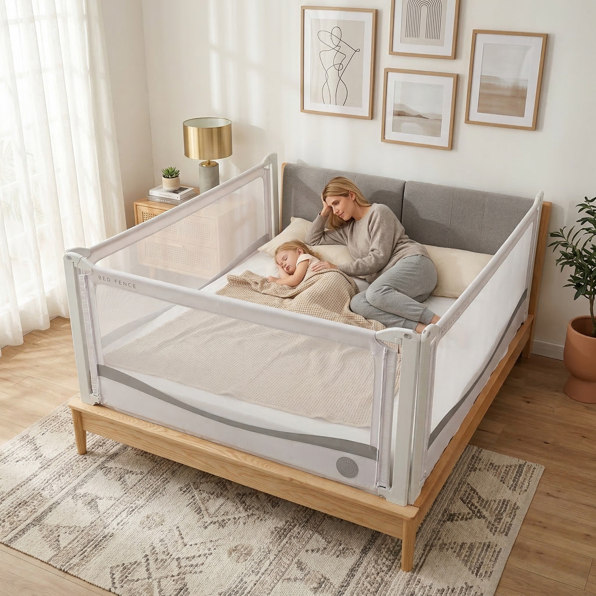 Posteljna ograja Monkey Mum® Premium - svetlo siva - odprta